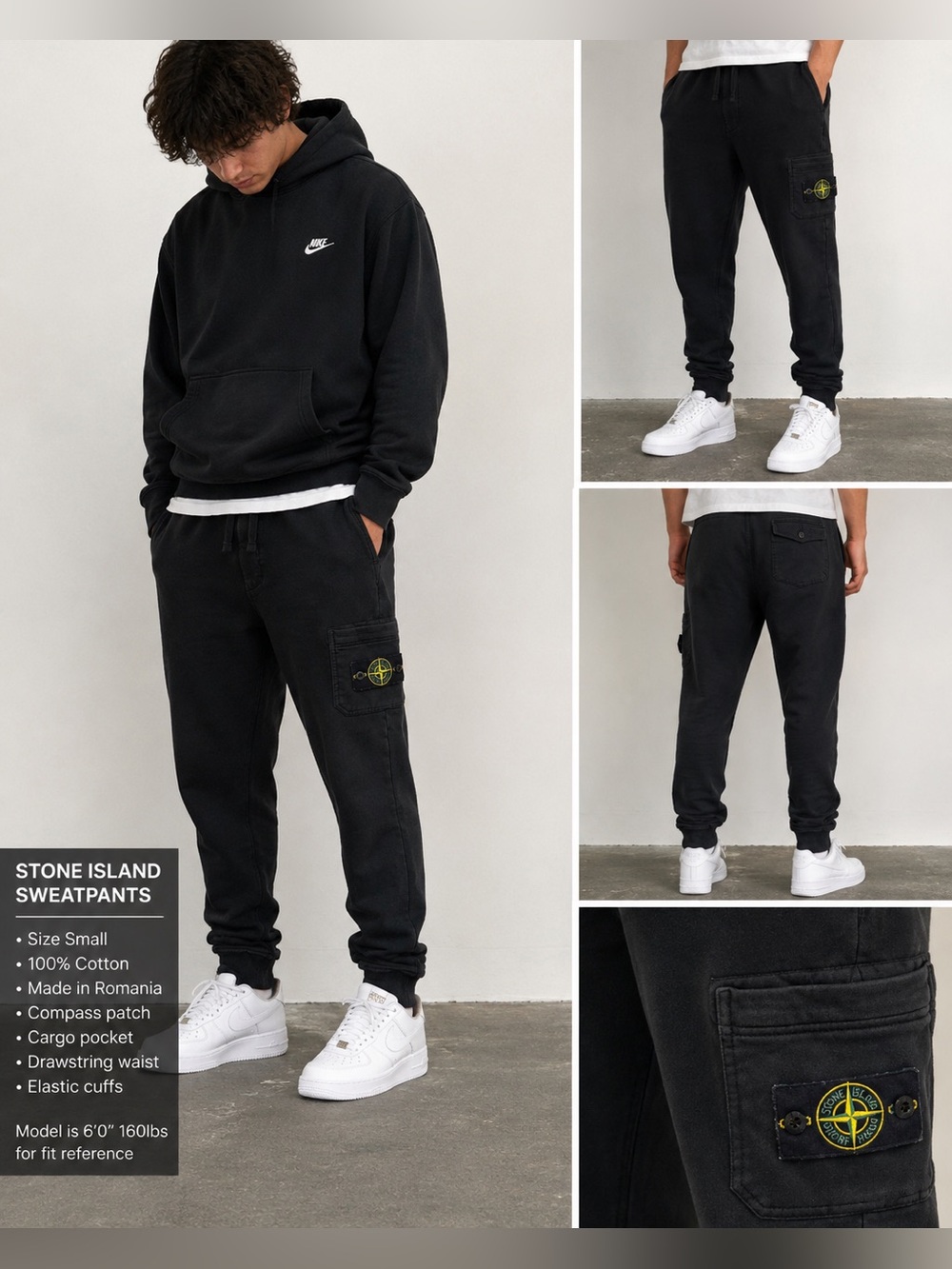 Stone Island Black Cargo Sweatpants Men’s Size Small Joggers Compass Patch